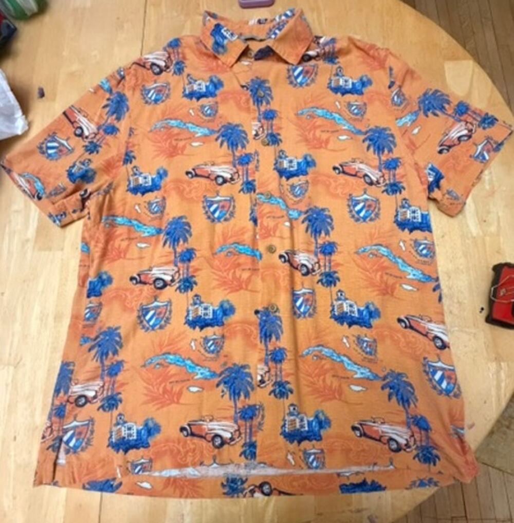 Paradise Collection Mens Large Silk Orange Short Sleeve Blue Hawaiian Shirt SZ L